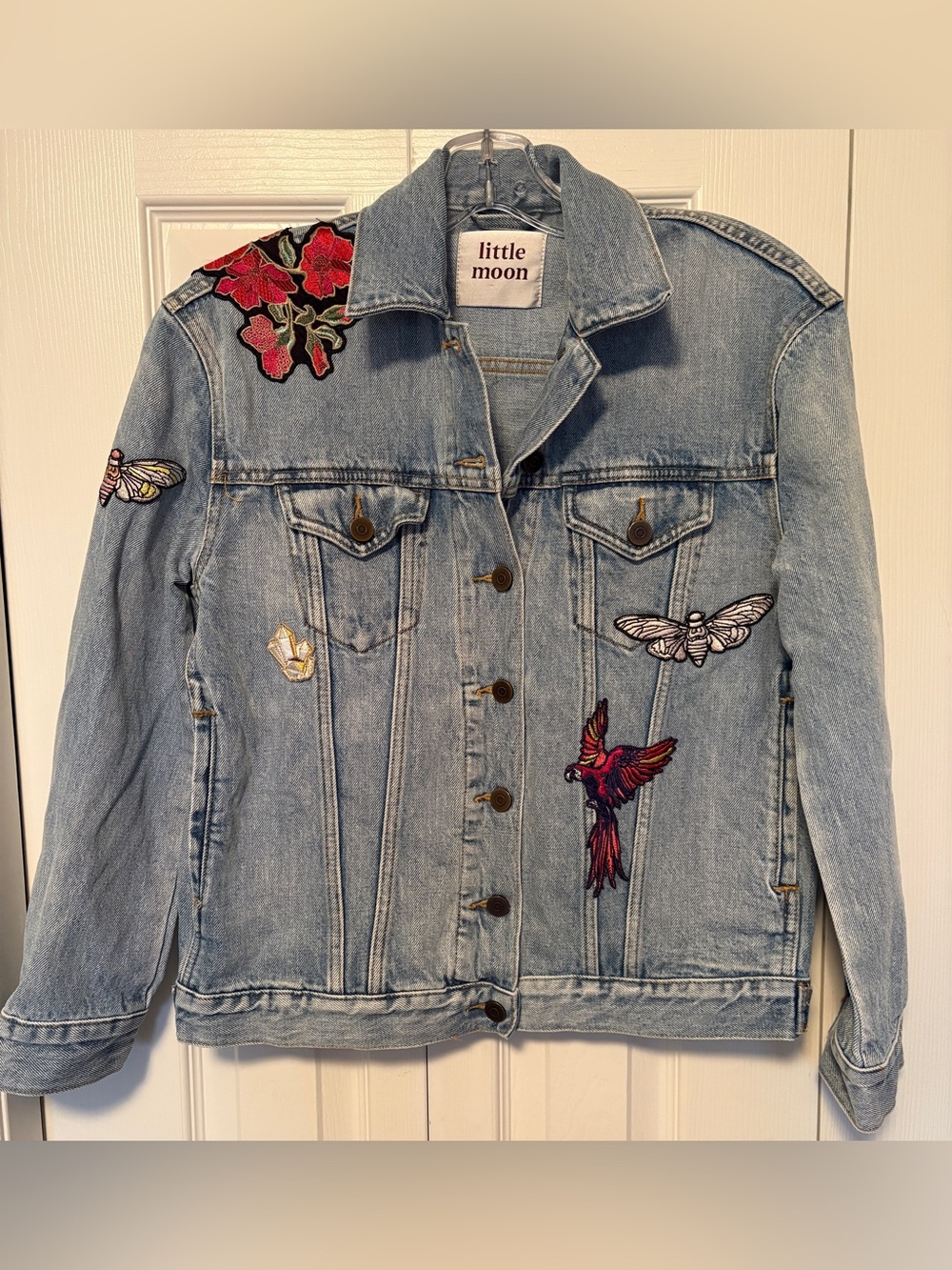Aritzia Little Moon Diantha Embroidered Denim Patch Jean Jacket XSmall XS